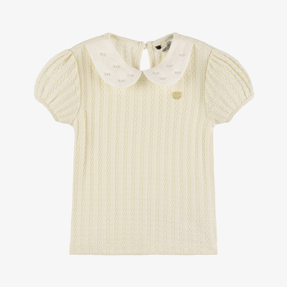Le Chic-Ivory Satin-Collared Knit Top for Girls | Childrensalon Outlet