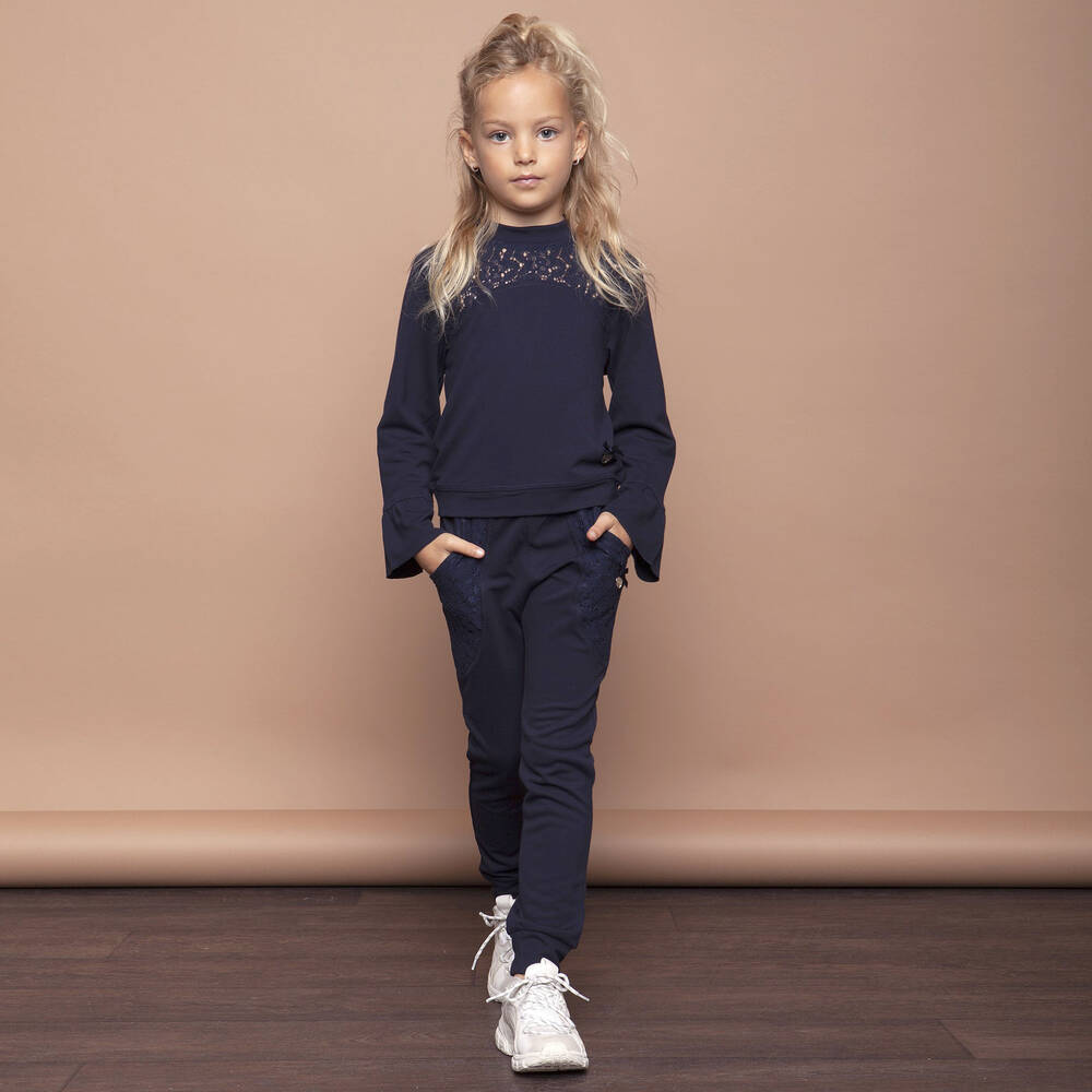 Le Chic-Navy Blue Joggers with Lace | Childrensalon Outlet