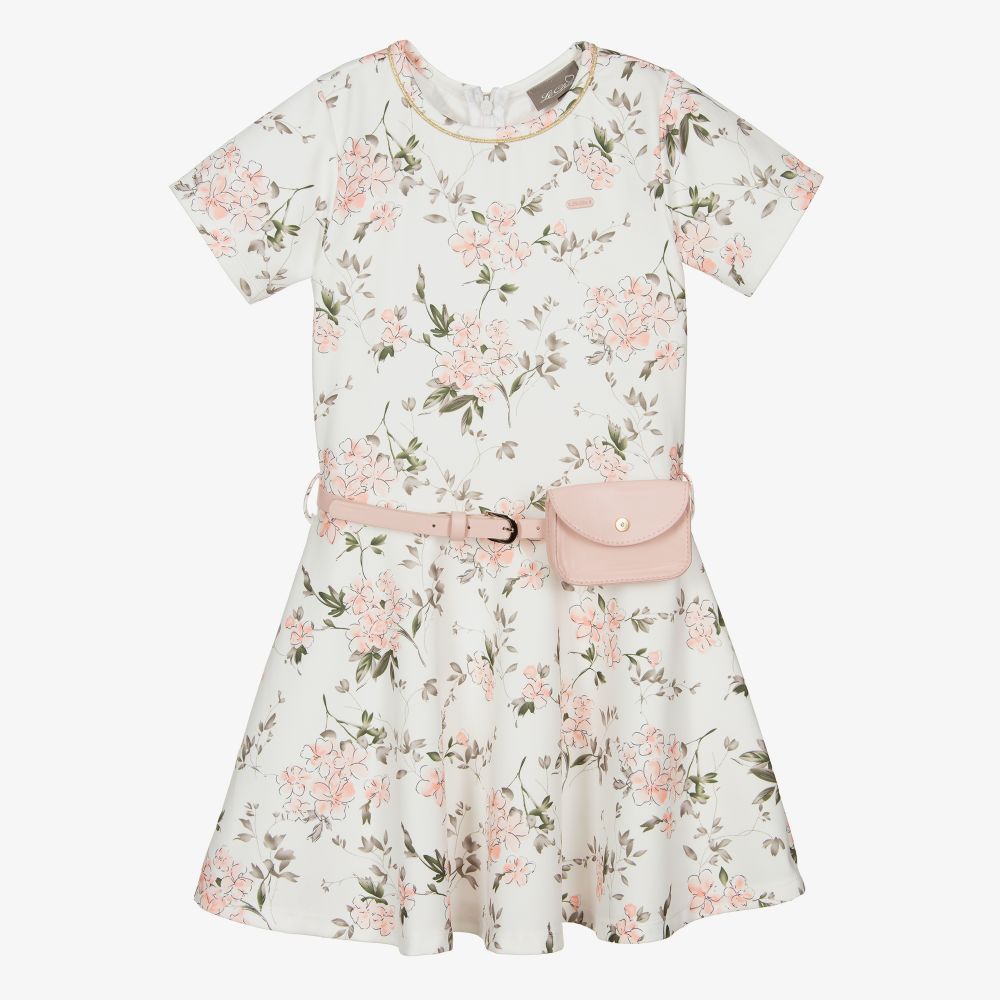 Le Chic - White & Pink Belted Dress | Childrensalon