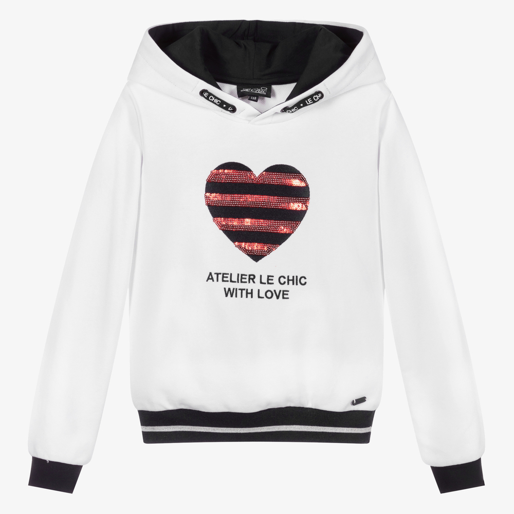Le Chic - White Sequinned Heart Hoodie | Childrensalon