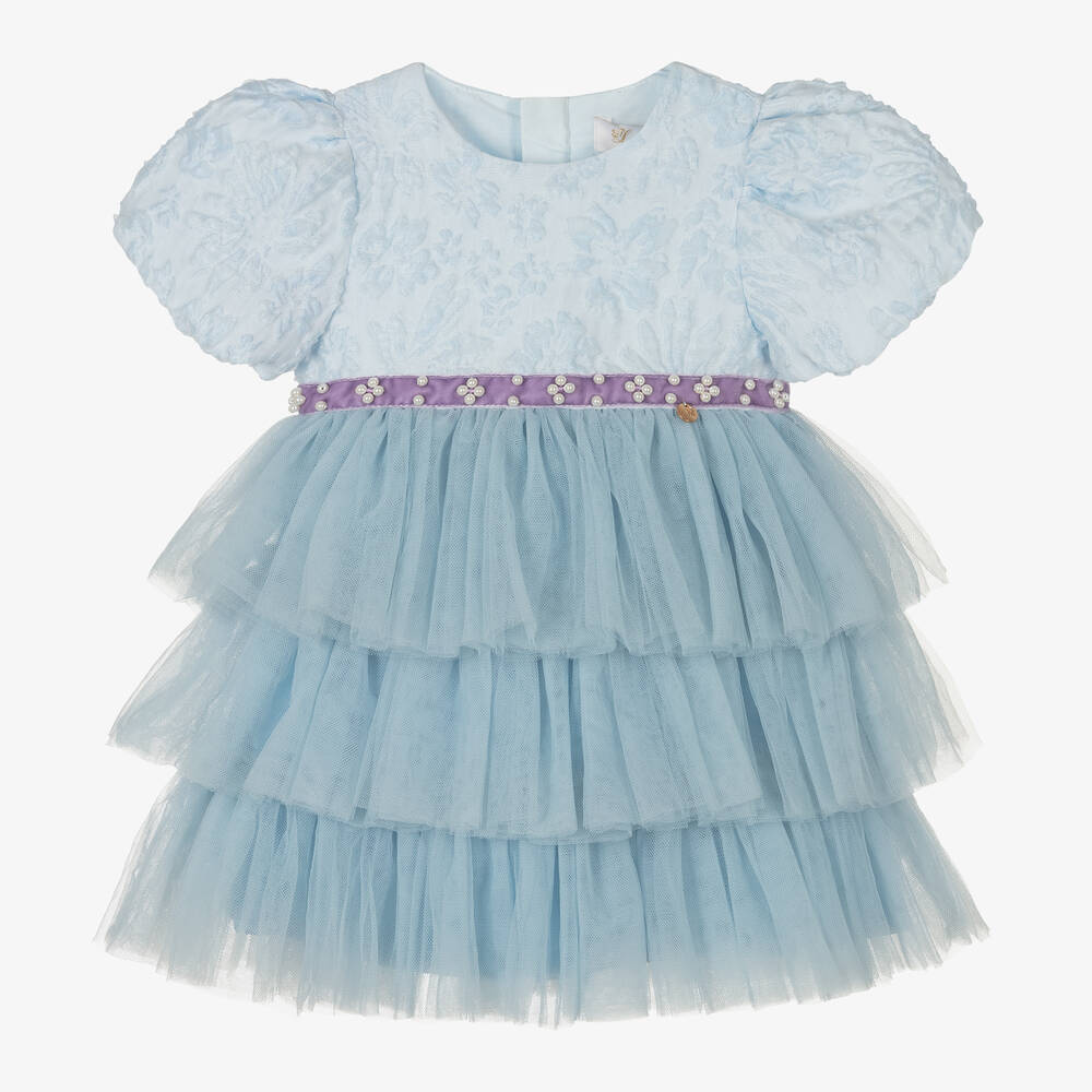 Le Mu - Baby Girls Blue Brocade Dress | Childrensalon
