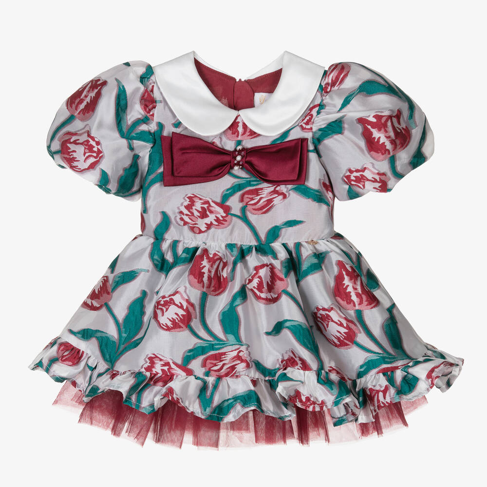 Le Mu - Серебристо-красное жаккардовое платье | Childrensalon