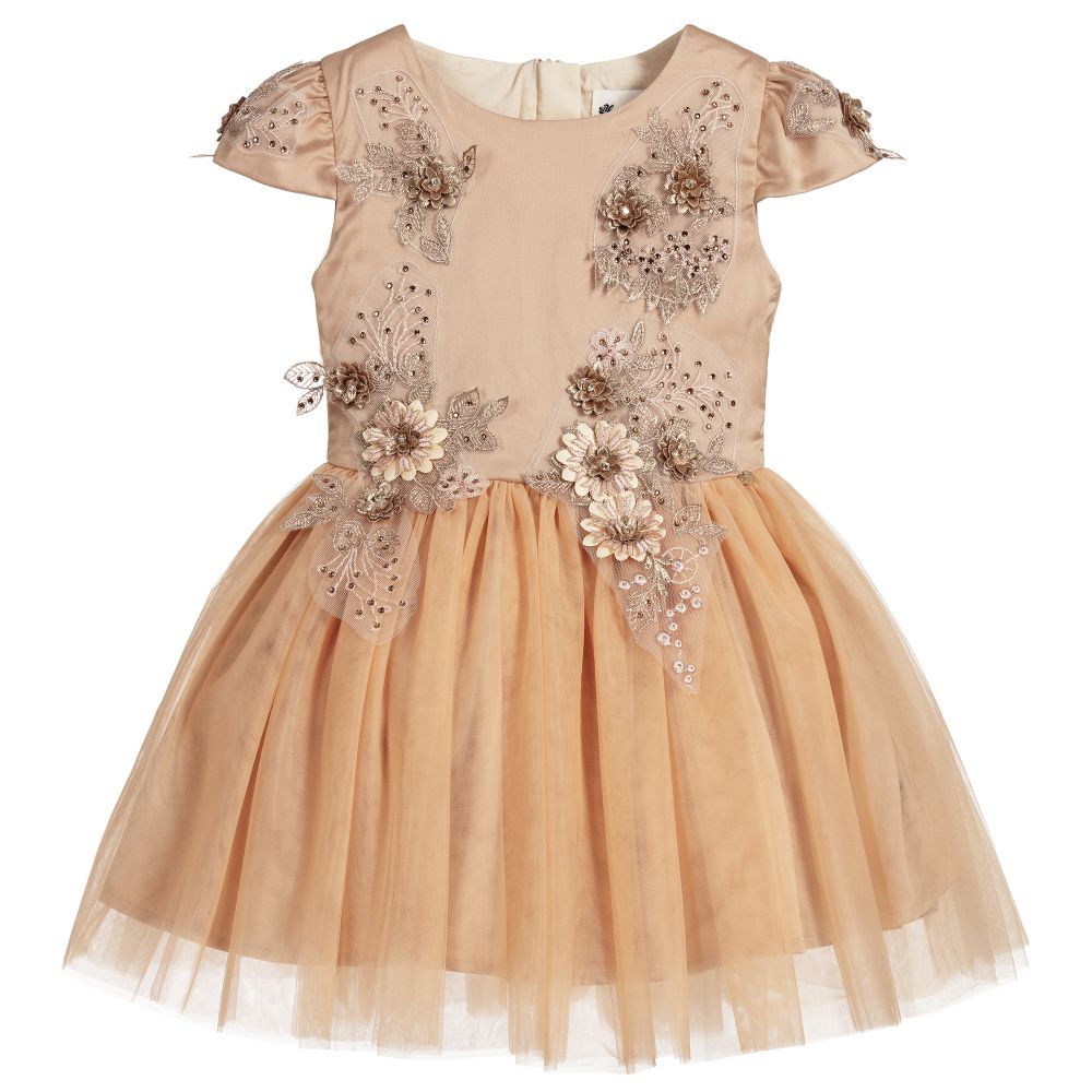 Le Mu - Robe beige en tulle à dentelle et cristaux | Childrensalon