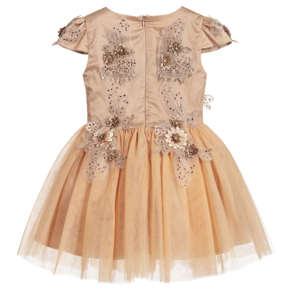 Le Mu-Beige Tulle Lace Crystal Dress | Childrensalon Outlet