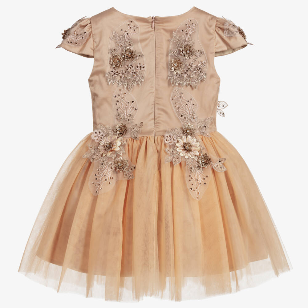 Le Mu-Beige Tulle Lace Crystal Dress | Childrensalon Outlet