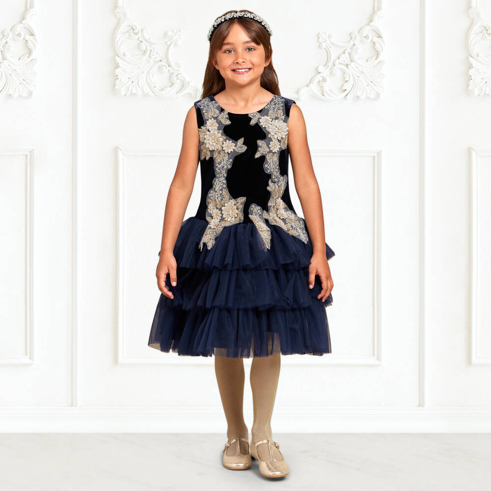 Le Mu-Blue Velvet & Tulle Dress | Childrensalon Outlet