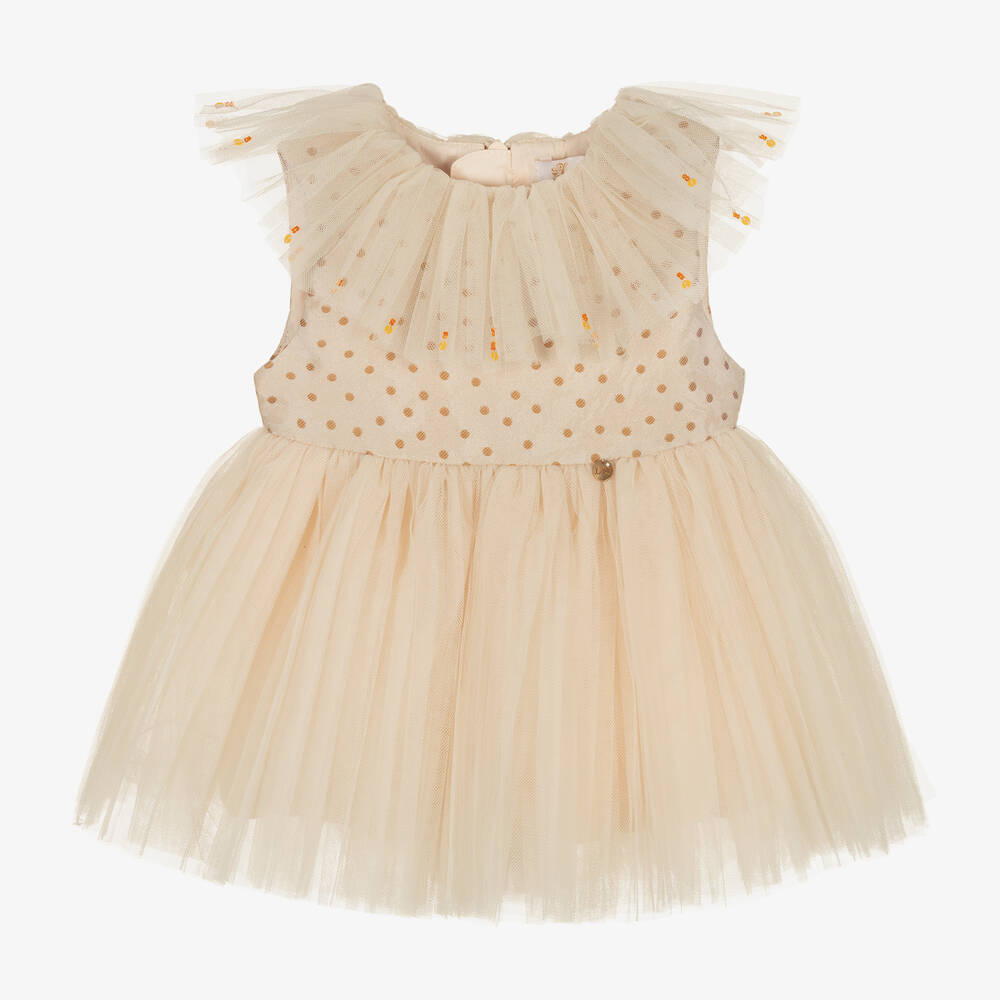 Le Mu - Girls Beige Satin & Tulle Dress  | Childrensalon