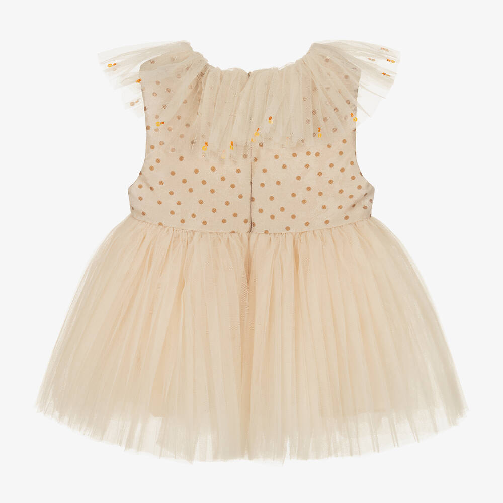 Le Mu-Girls Beige Satin & Tulle Dress  | Childrensalon Outlet