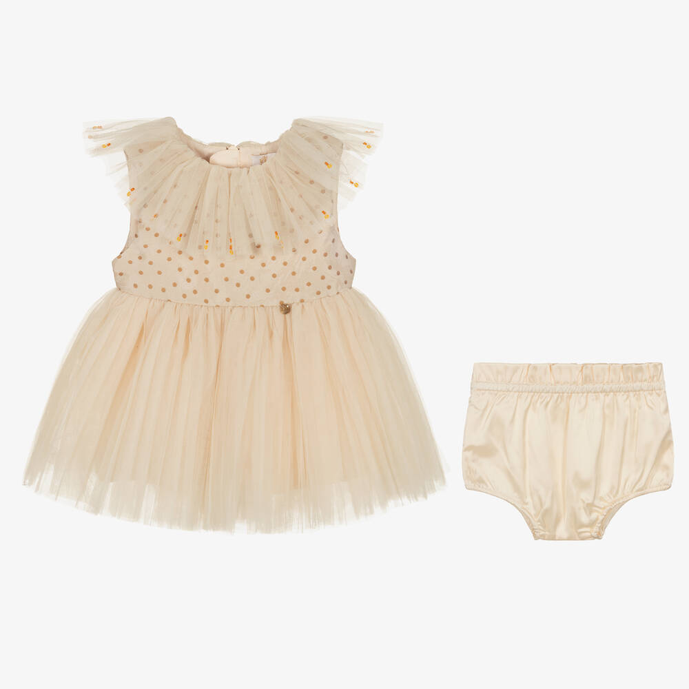 Le Mu-Girls Beige Satin & Tulle Dress  | Childrensalon Outlet