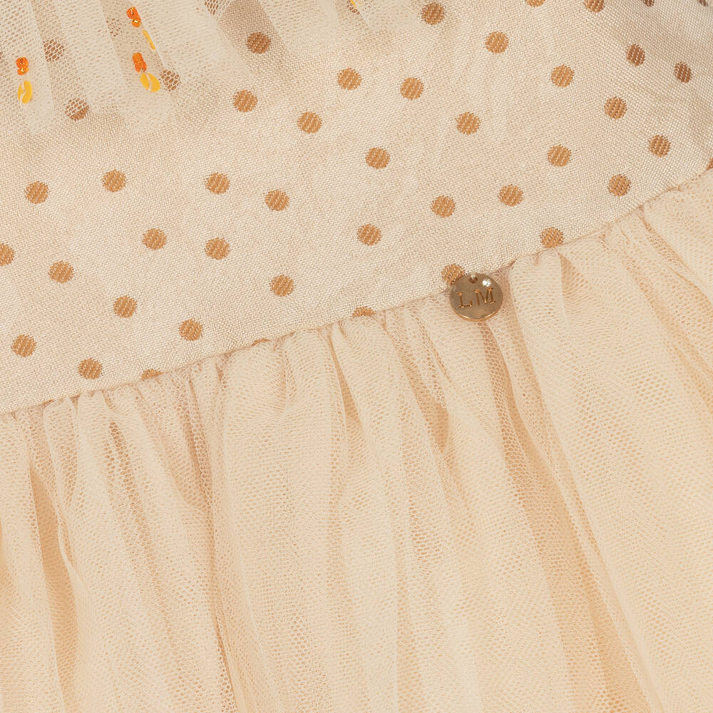 Le Mu-Girls Beige Satin & Tulle Dress  | Childrensalon Outlet