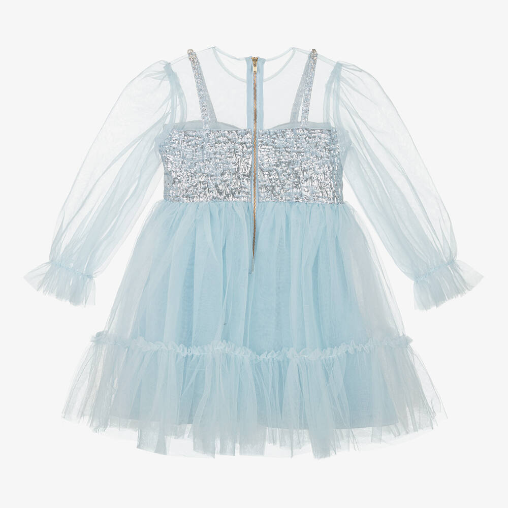 Le Mu-Girls Blue Brocade & Tulle Dress | Childrensalon Outlet