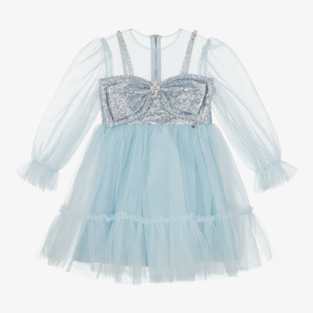 Le Mu - Girls Blue Brocade & Tulle Dress | Childrensalon