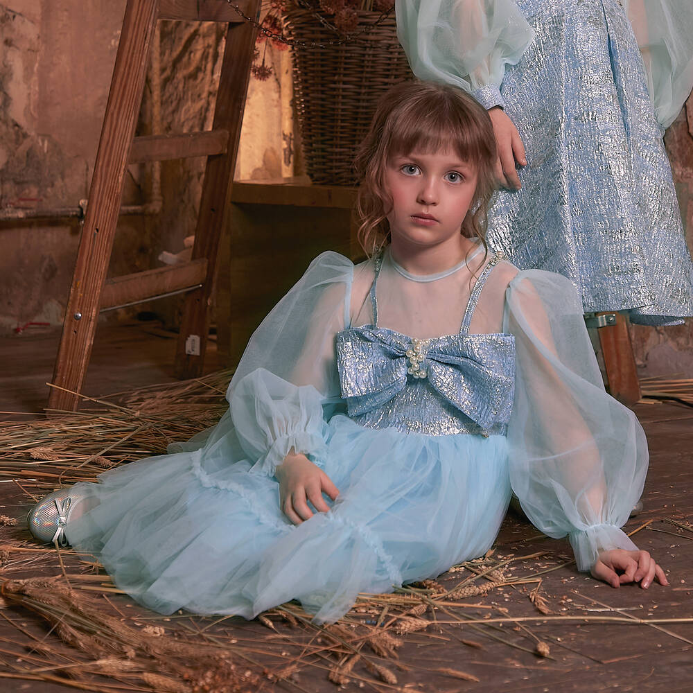 Le Mu-Girls Blue Brocade & Tulle Dress | Childrensalon Outlet