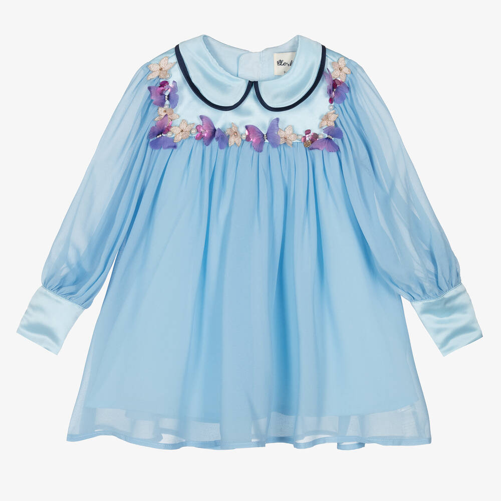 Le Mu-Girls Blue Chiffon Butterfly Dress | Childrensalon Outlet