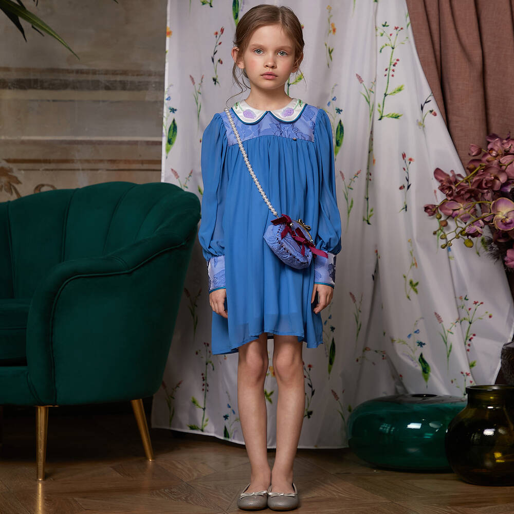 Le Mu-Girls Blue Chiffon Dress | Childrensalon Outlet