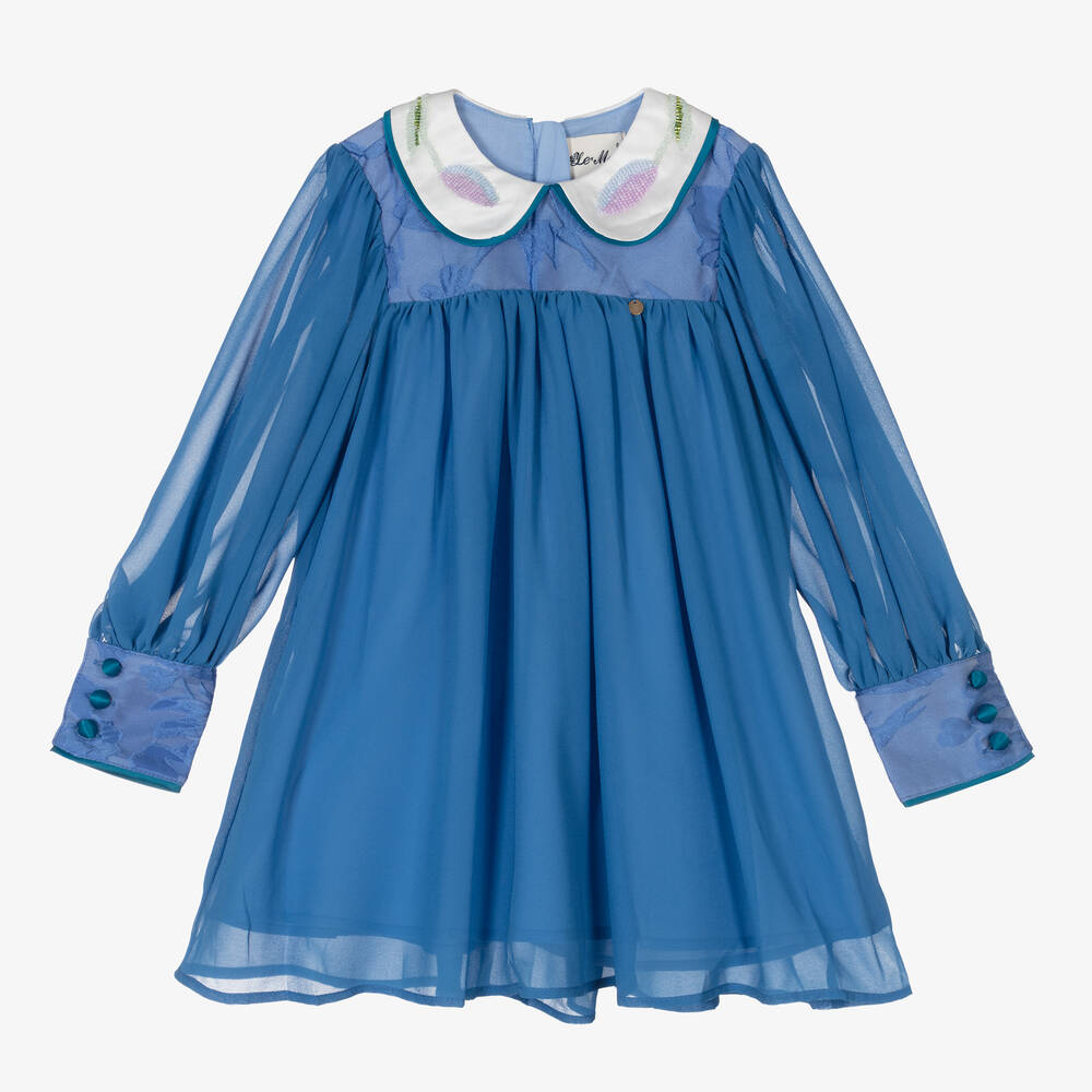 Le Mu - Girls Blue Chiffon Dress | Childrensalon