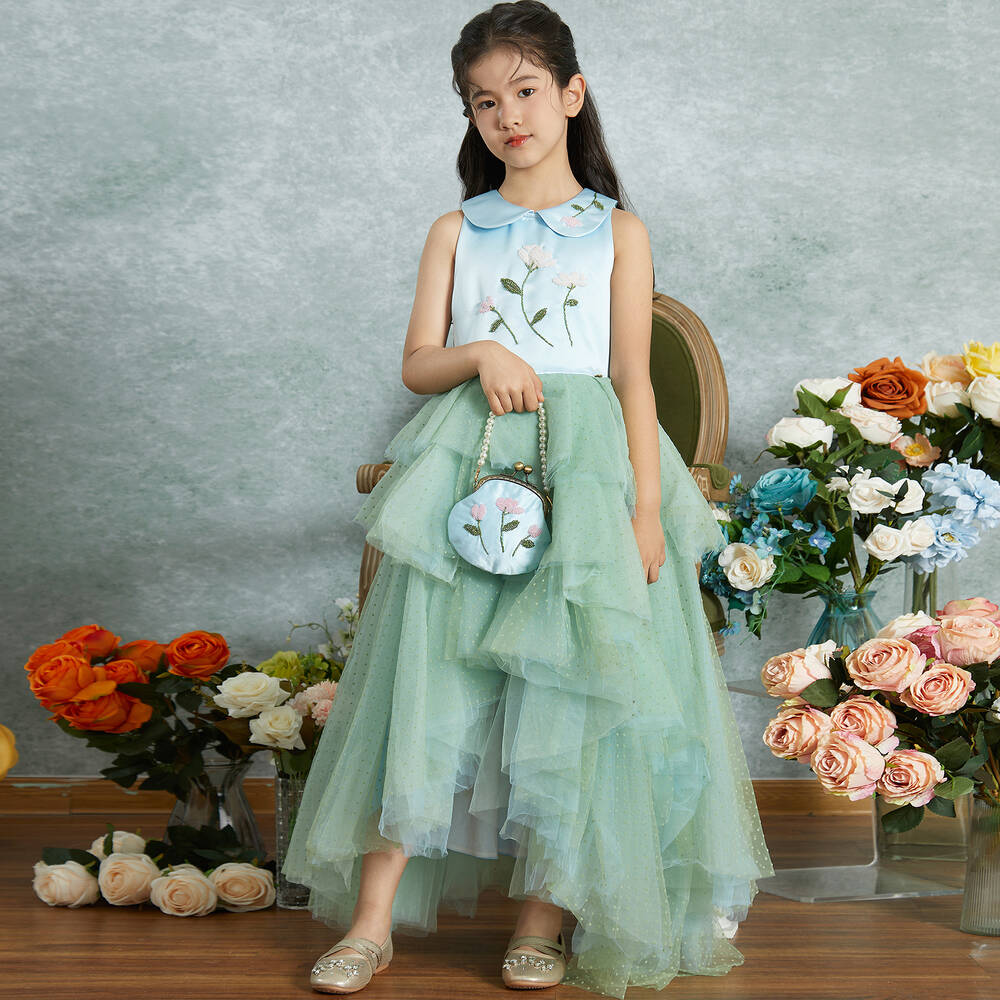 Le Mu-Girls Blue & Green Tulle Waterfall Dress | Childrensalon Outlet