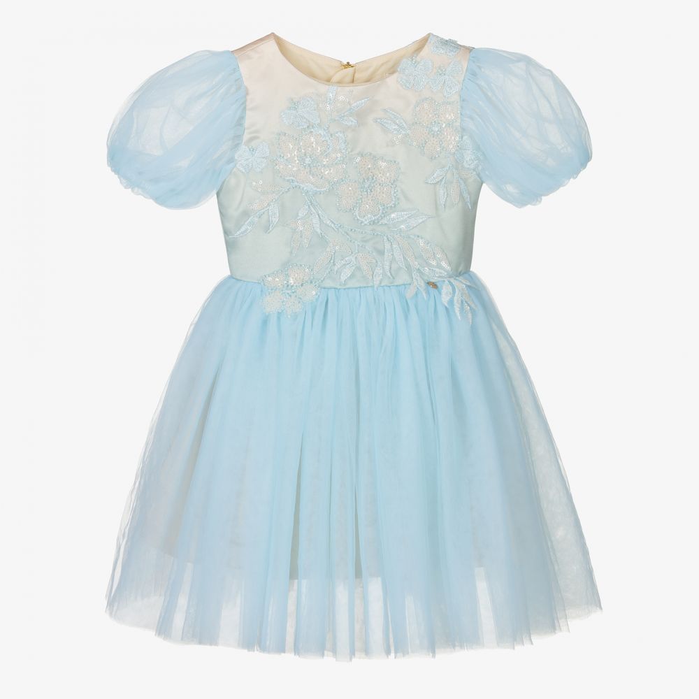 Le Mu - Girls Blue Satin & Tulle Dress | Childrensalon