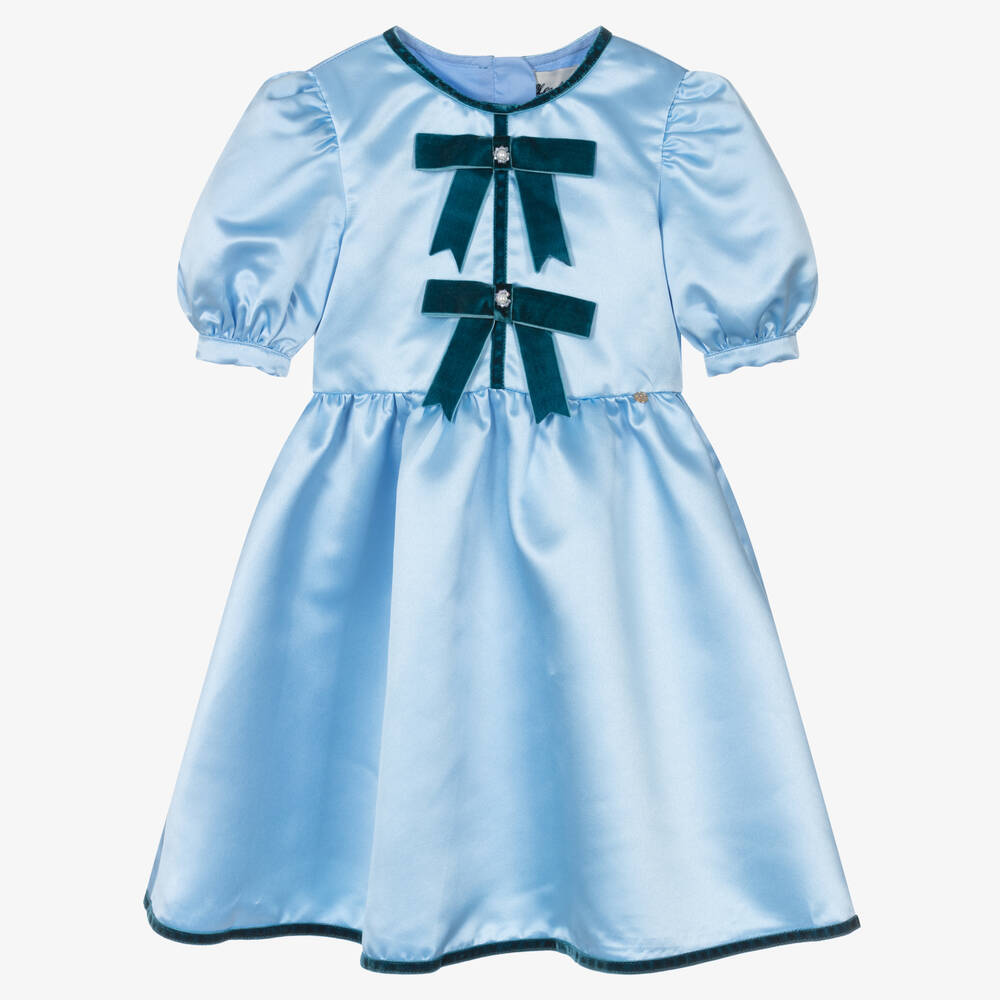 Le Mu - Robe bleue satin et velours fille | Childrensalon