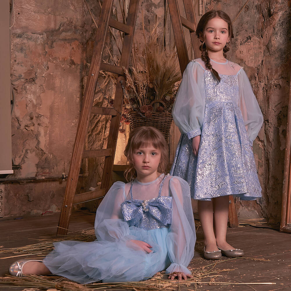 Le Mu-فستان بروكيد وتول لون أزرق وفضَّي | Childrensalon Outlet