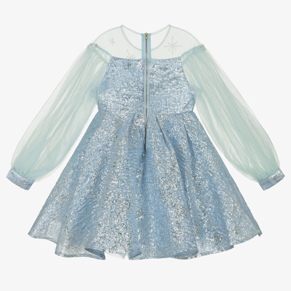 Le Mu-فستان بروكيد وتول لون أزرق وفضَّي | Childrensalon Outlet