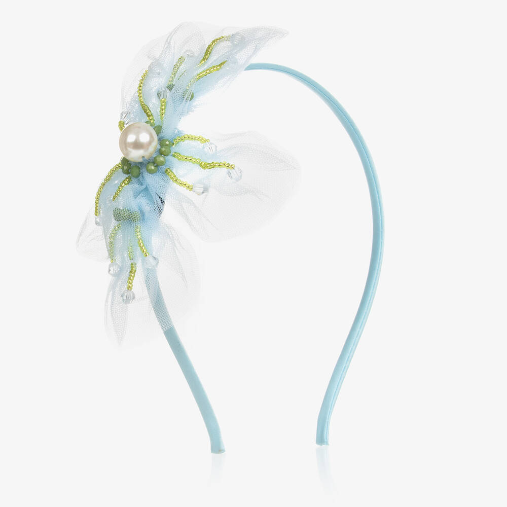 Le Mu - Girls Blue Tulle Flower Hairband  | Childrensalon