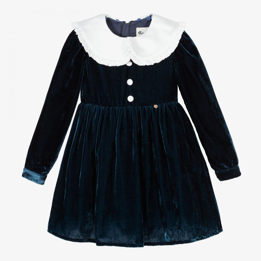 Le Mu - Girls Blue Velvet Dress | Childrensalon