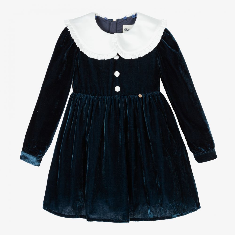 Le Mu - Robe bleue en velours Fille | Childrensalon