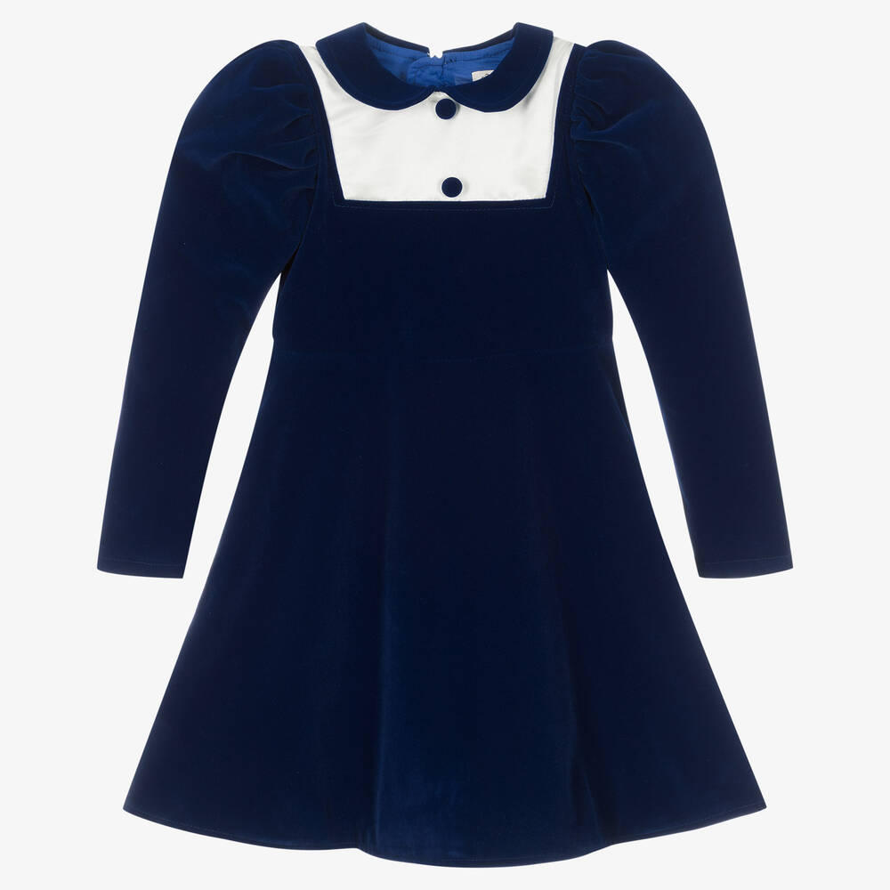 Le Mu - Girls Blue Velvet Dress | Childrensalon