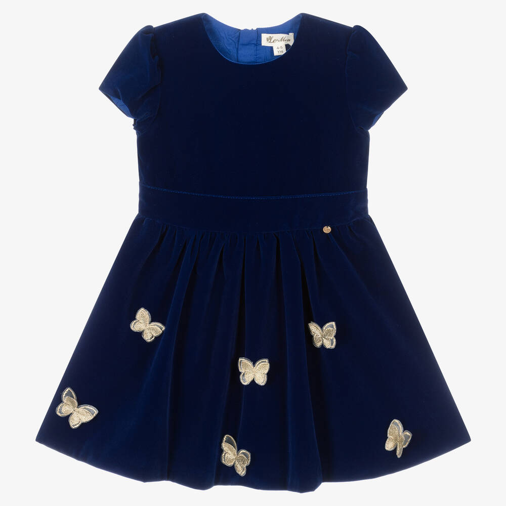 Le Mu - Girls Blue Velvet Dress | Childrensalon