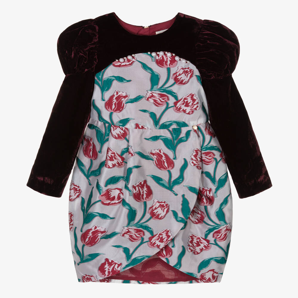 Le Mu - Girls Burgundy red & Silver Tulip Dress | Childrensalon