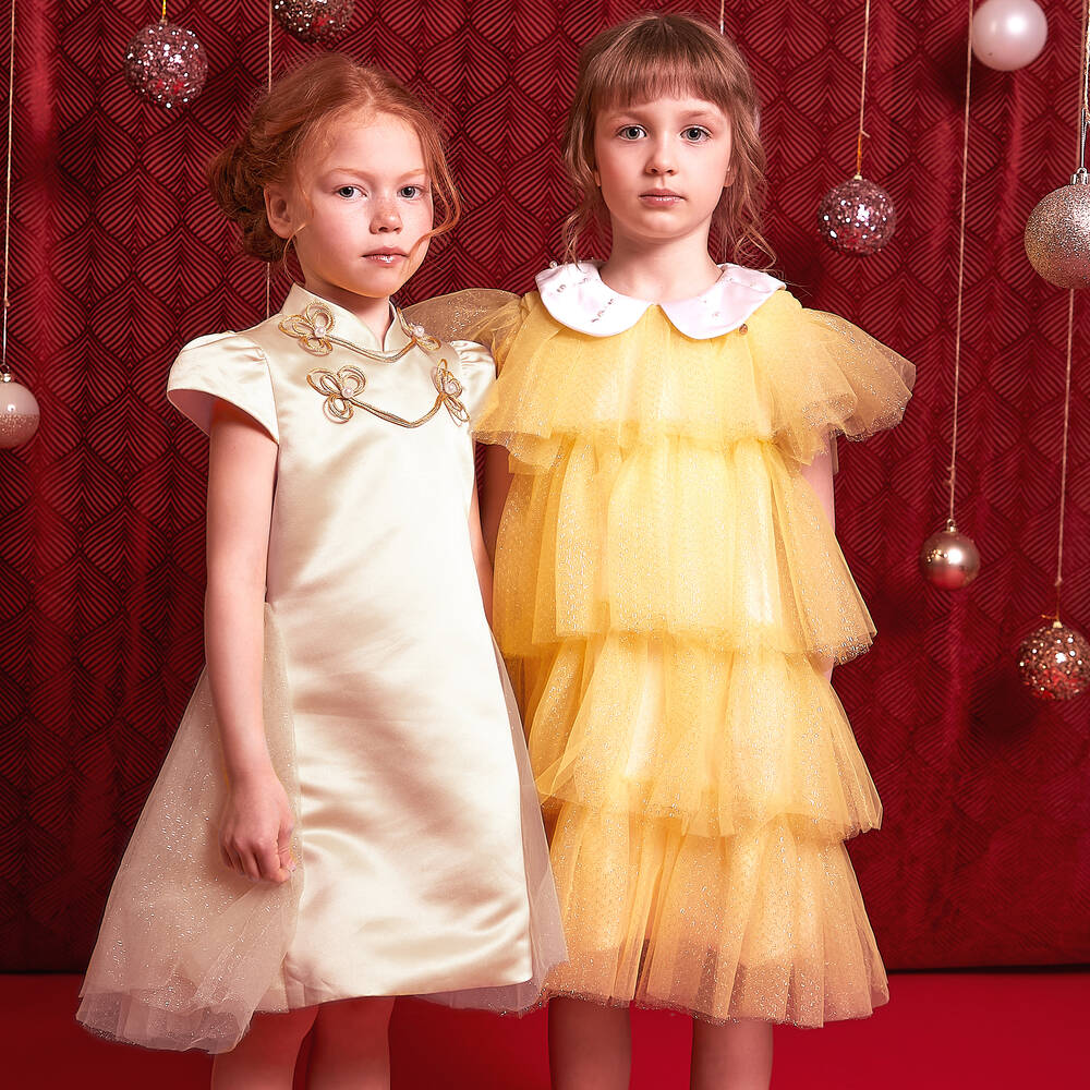 Le Mu-Girls Champagne Satin Tulle Dress  | Childrensalon Outlet
