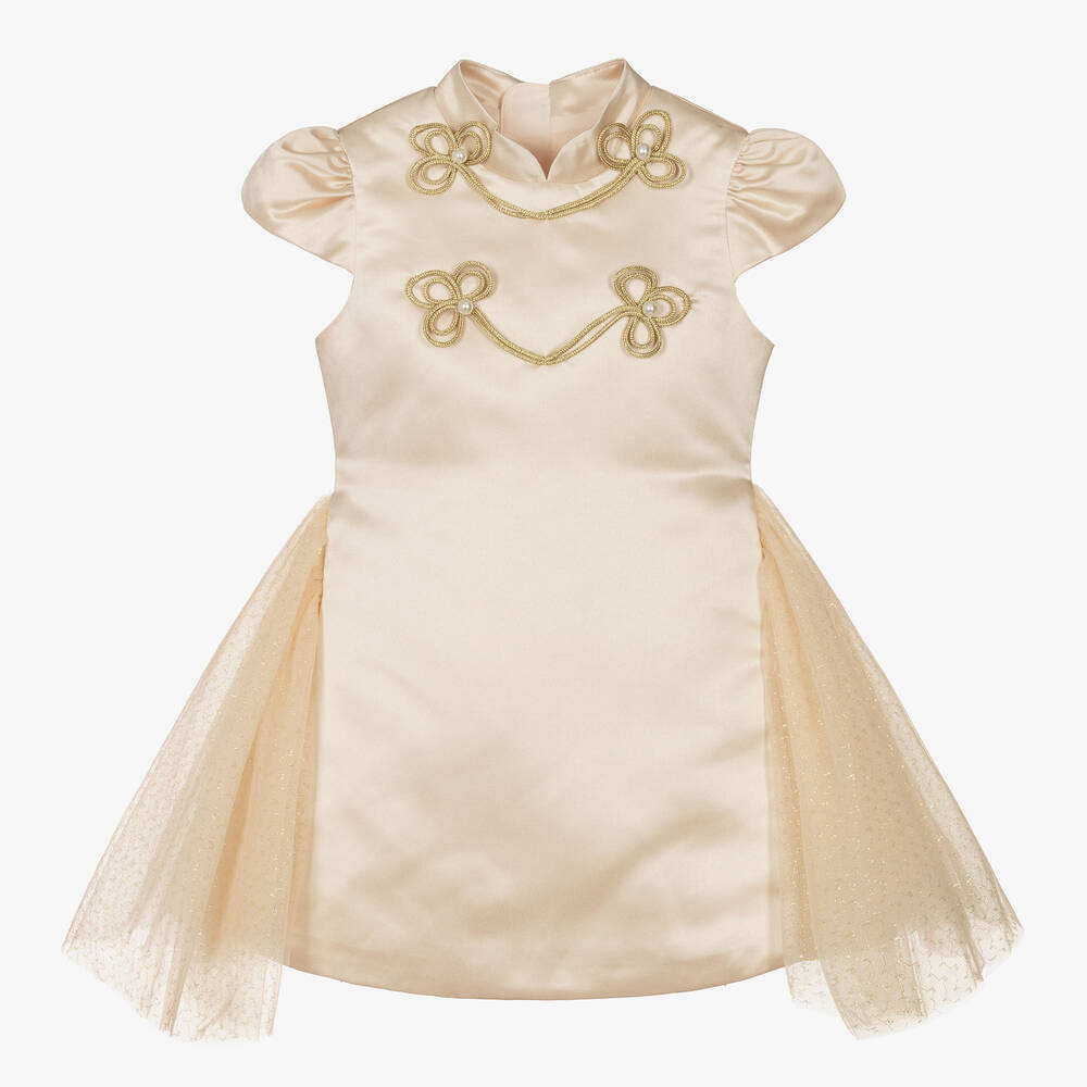 Le Mu - Girls Champagne Satin Tulle Dress  | Childrensalon