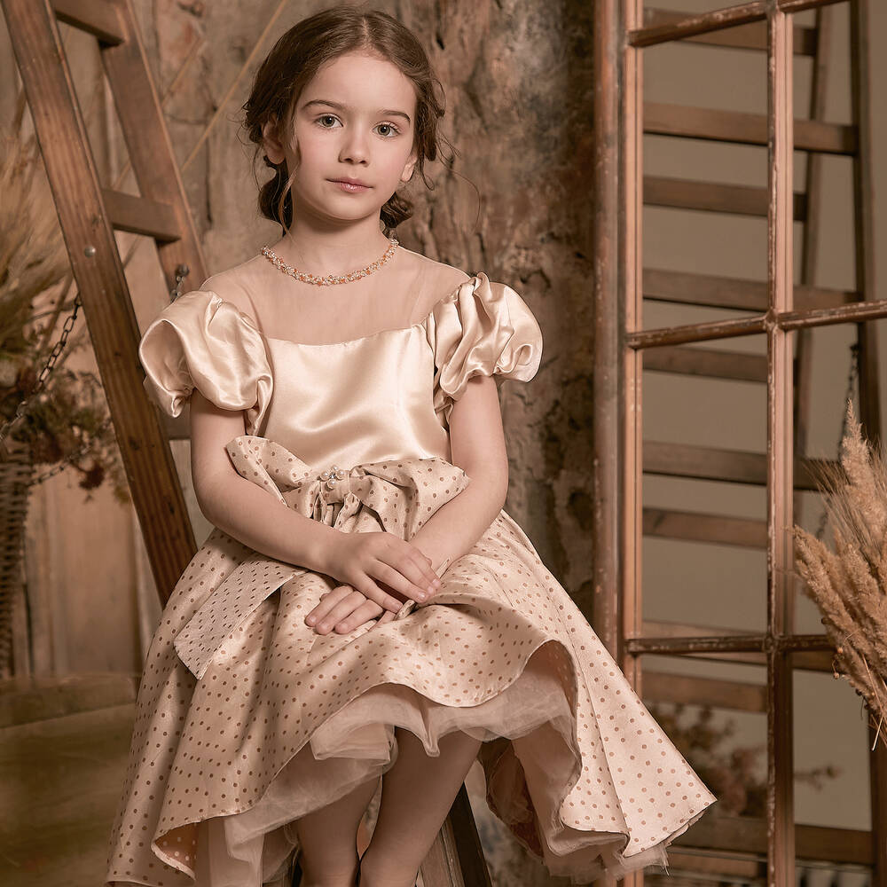 Le Mu - Girls Gold & Beige Jacquard Dress | Childrensalon Outlet