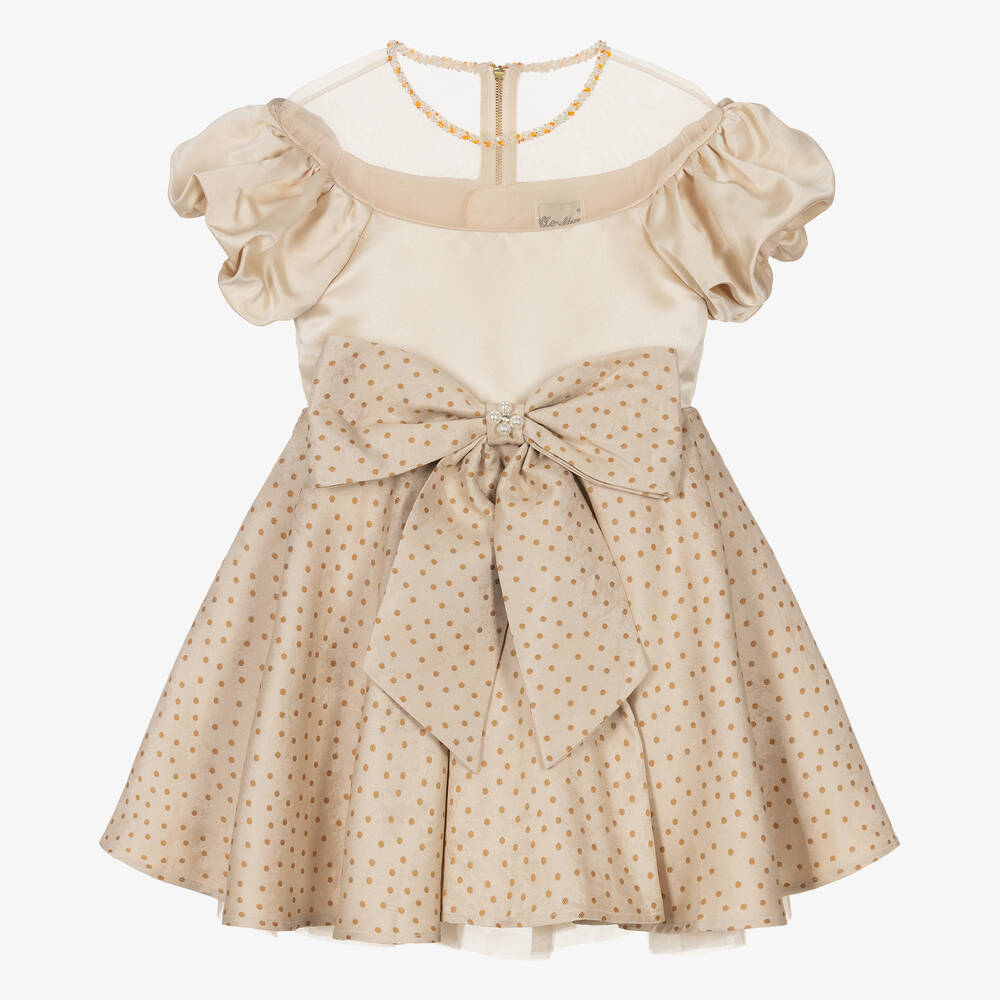 Le Mu - Girls Gold & Beige Jacquard Dress | Childrensalon