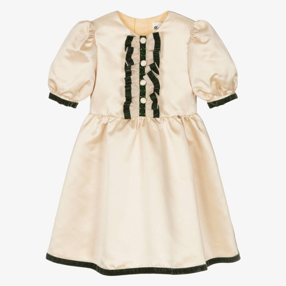 Le Mu - Girls Gold & Green Satin Dress | Childrensalon