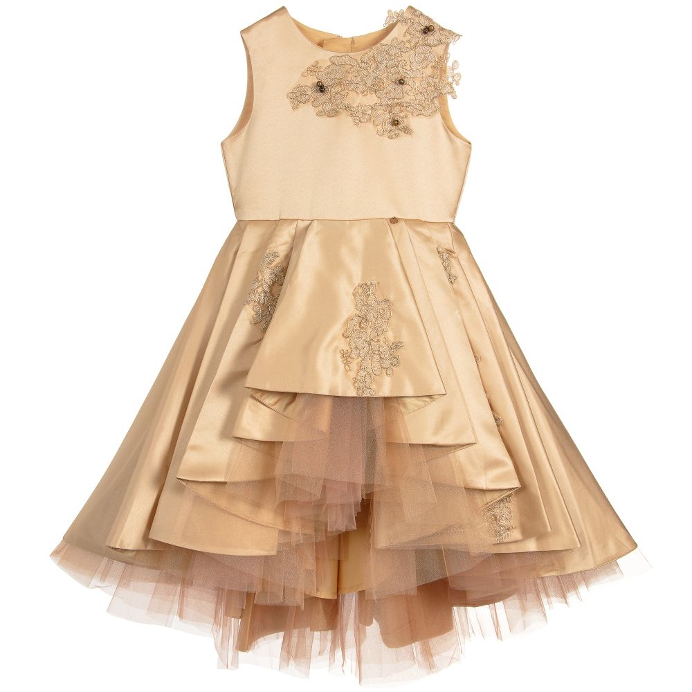 Le Mu - Girls Gold Satin Dress  | Childrensalon