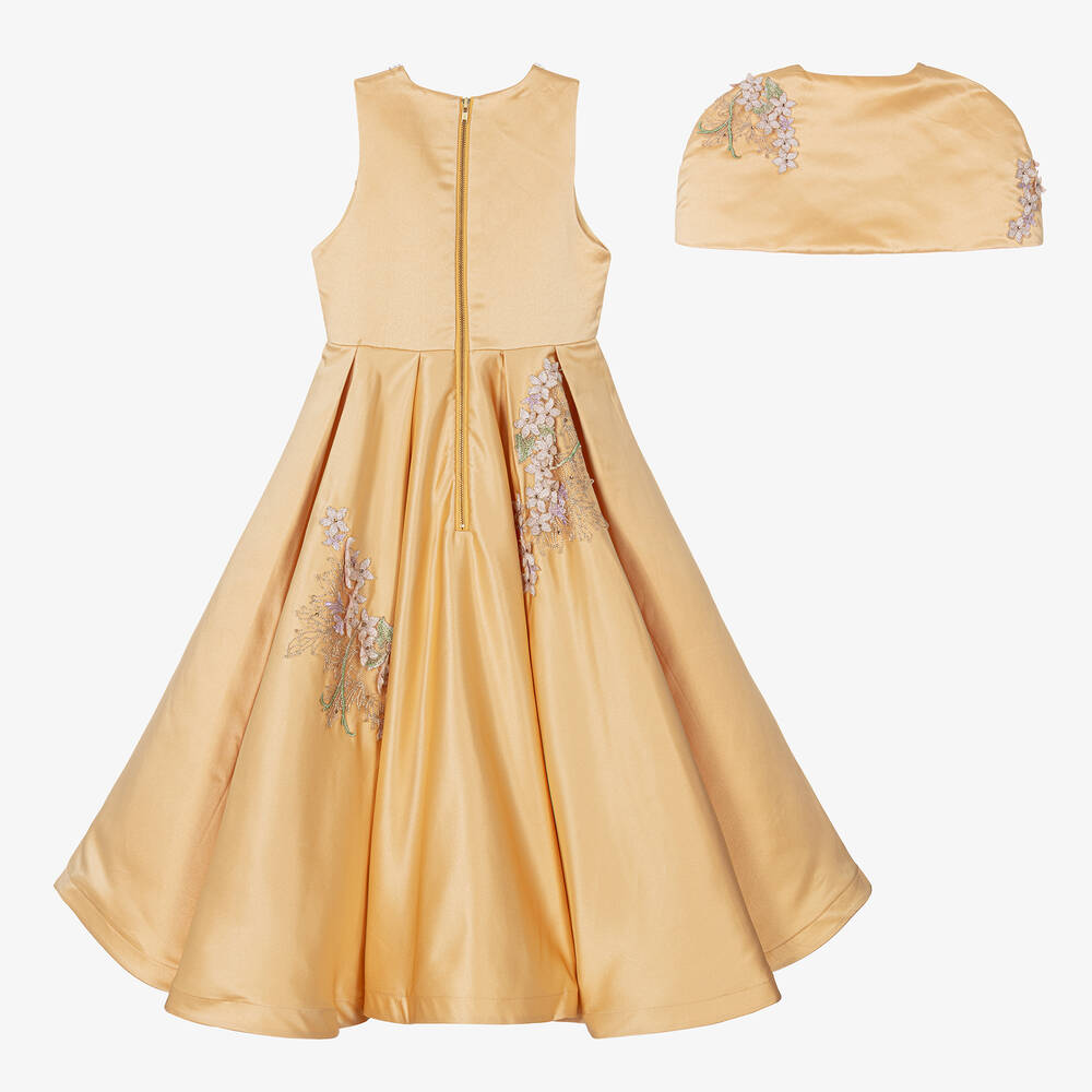 Le Mu-Girls Gold Taffeta Floral Dress  | Childrensalon Outlet