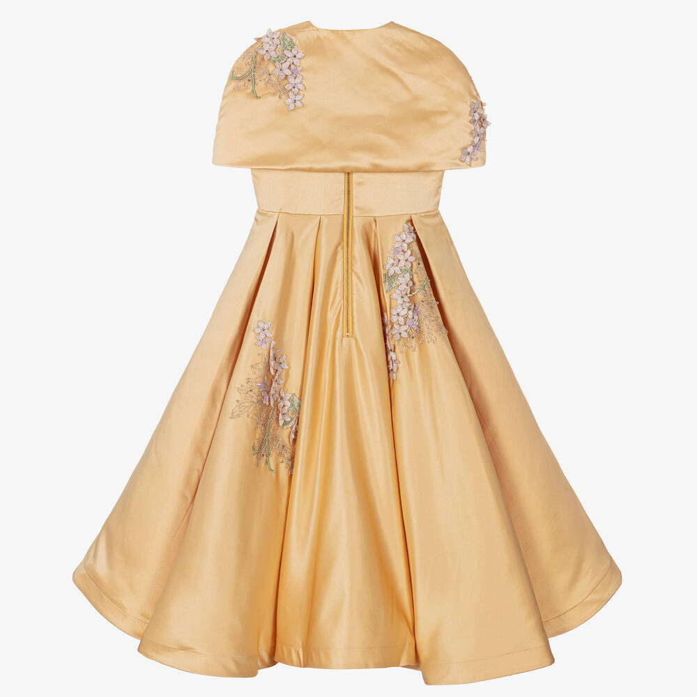 Le Mu-Girls Gold Taffeta Floral Dress  | Childrensalon Outlet