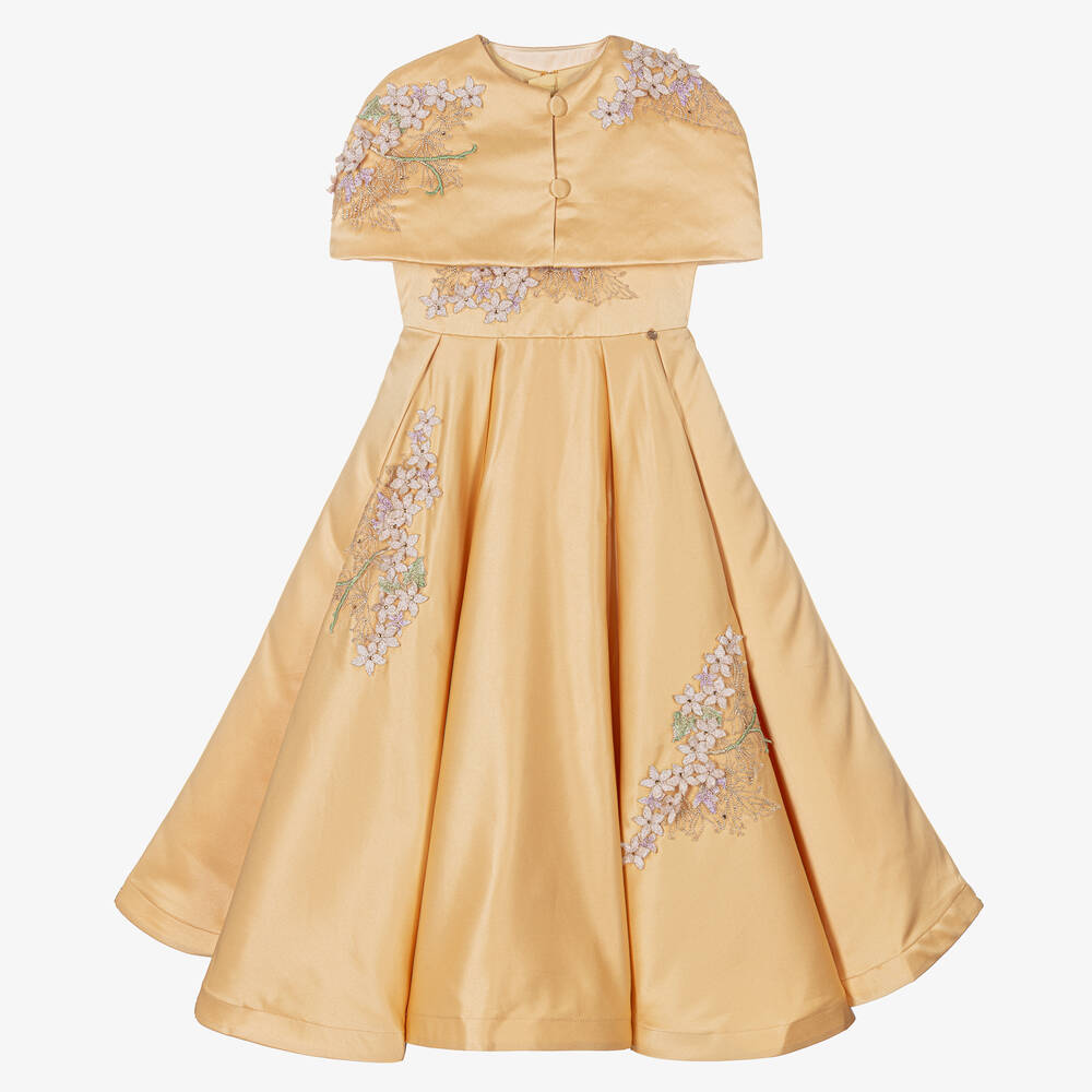 Le Mu-Girls Gold Taffeta Floral Dress  | Childrensalon Outlet