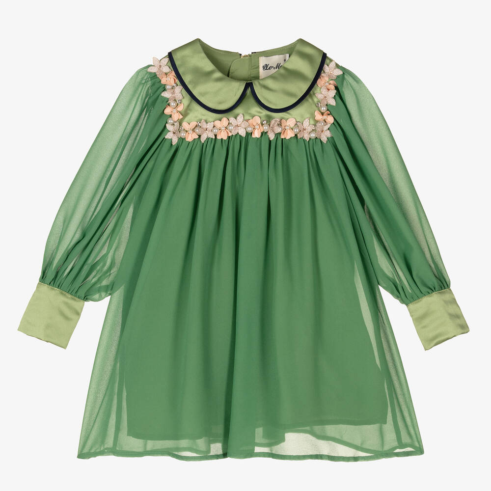 Le Mu - Girls Green Chiffon Dress | Childrensalon
