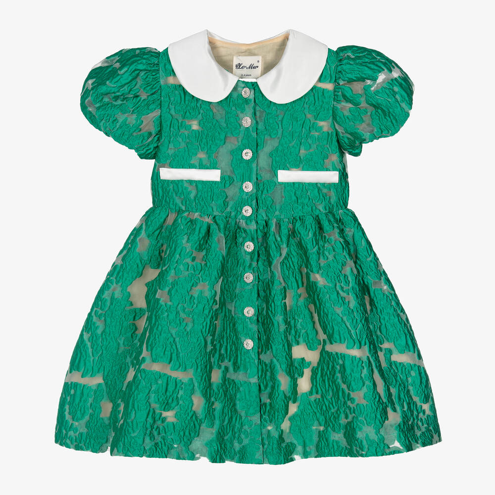 Le Mu-Зеленое жаккардовое платье из органзы для девочек | Childrensalon Outlet