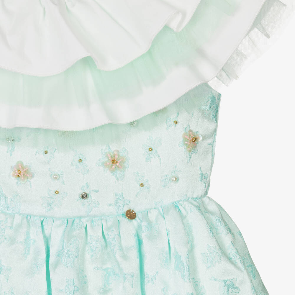 Le Mu-Girls Green Satin Jacquard Dress | Childrensalon Outlet