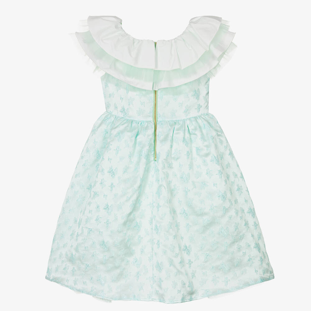 Le Mu-Girls Green Satin Jacquard Dress | Childrensalon Outlet
