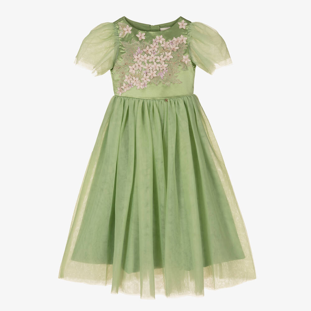Le Mu - Girls Green Satin & Tulle Dress | Childrensalon