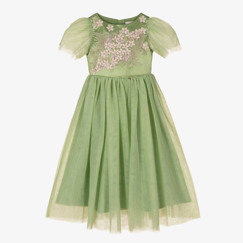 Le Mu-فستان ساتان وتول لون أخضر | Childrensalon Outlet