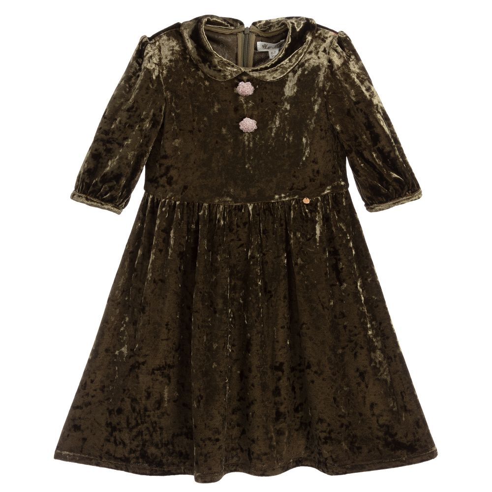 Le Mu - Girls Green Velvet Dress | Childrensalon