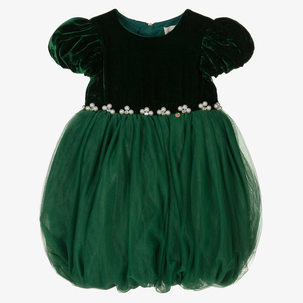 Le Mu - Girls Green Velvet Dress | Childrensalon