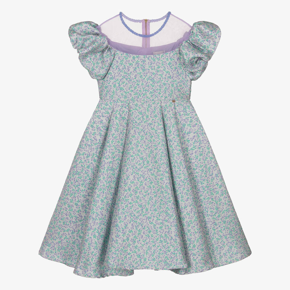 Le Mu - Girls Lilac & Blue Floral Brocade Dress | Childrensalon
