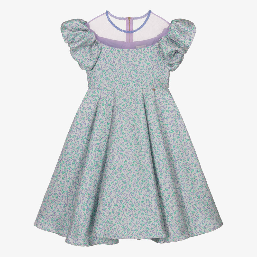 Le Mu - Robe fleurie lilas et bleu en brocart | Childrensalon